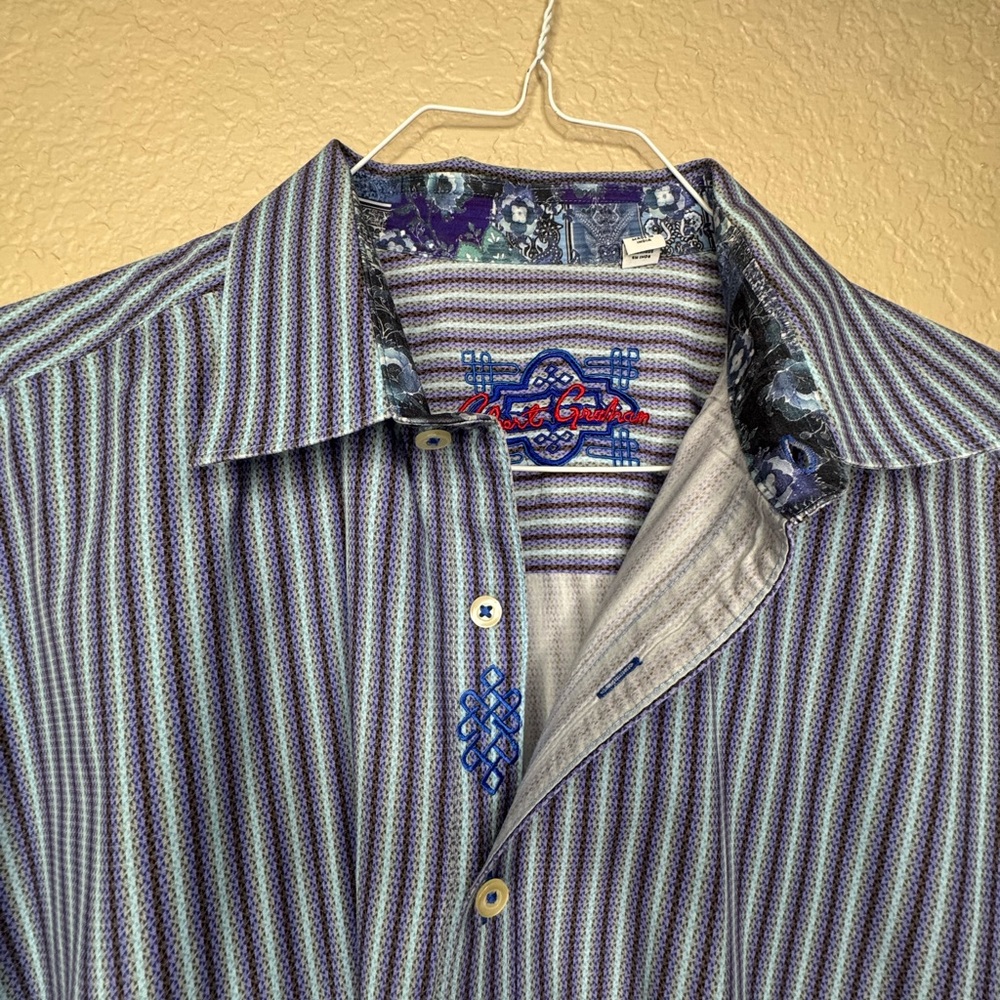 Robert Graham Blue & Black Striped Button Up Dress Shirt